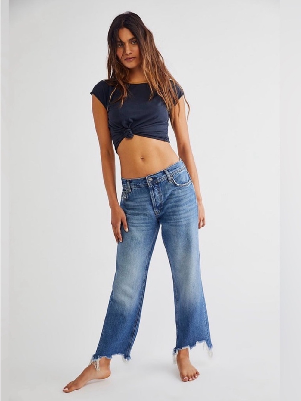 Free People We The Free Blue Cropped Raw-Hem Wide Leg Jeans NEW Size 30
